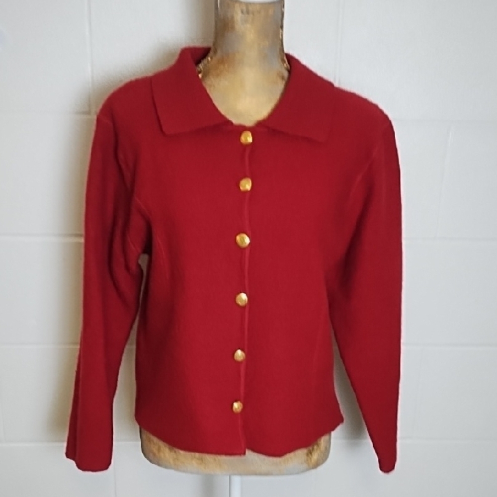 Dark Red Wool Cardigan with Gold Buttons - Picture 14 of 15